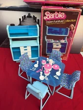 Vintage Barbie Dream House Dining Table Chairs Hutch Buffet Blue 1978