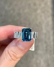 925 Sterling Silver London Blue Topaz CZ Emerald Cut Zig Zag Pave Statement Ring