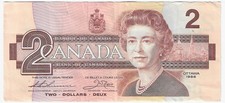 1986 Bank of Canada Two Dollars Bill $2 Thiessen-Crow BRV Circulated BC-55b