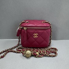 Chanel Mini Cube Vanity Fuchsia Quilted Lambskin Adjustable Gold Ball Chain Auth