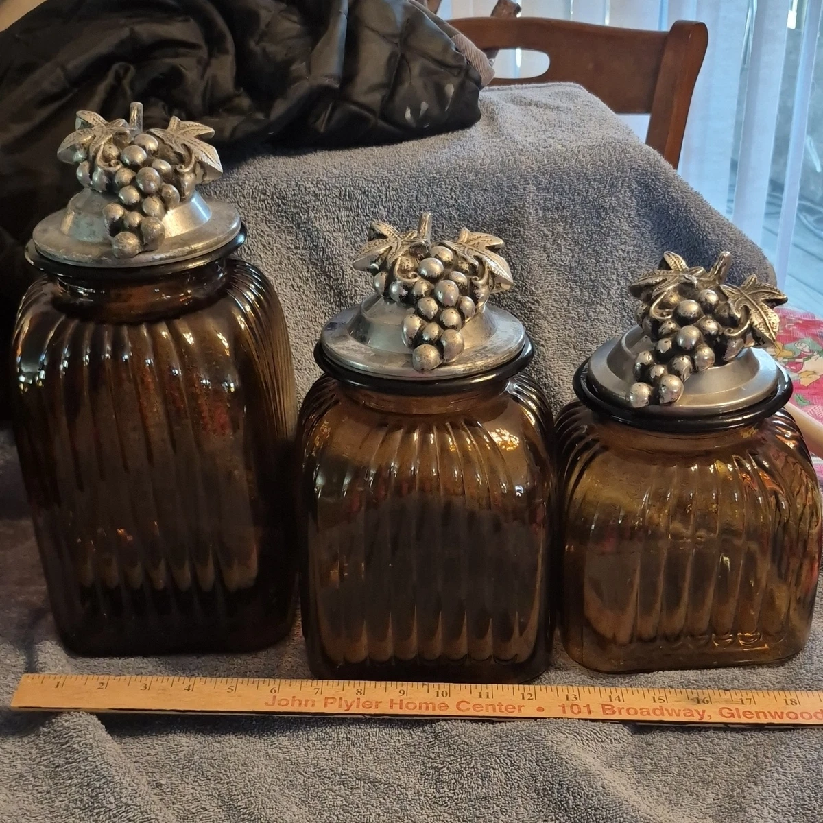 Amber Glass Canister Set with Decorative Metal Grape Lids, Square