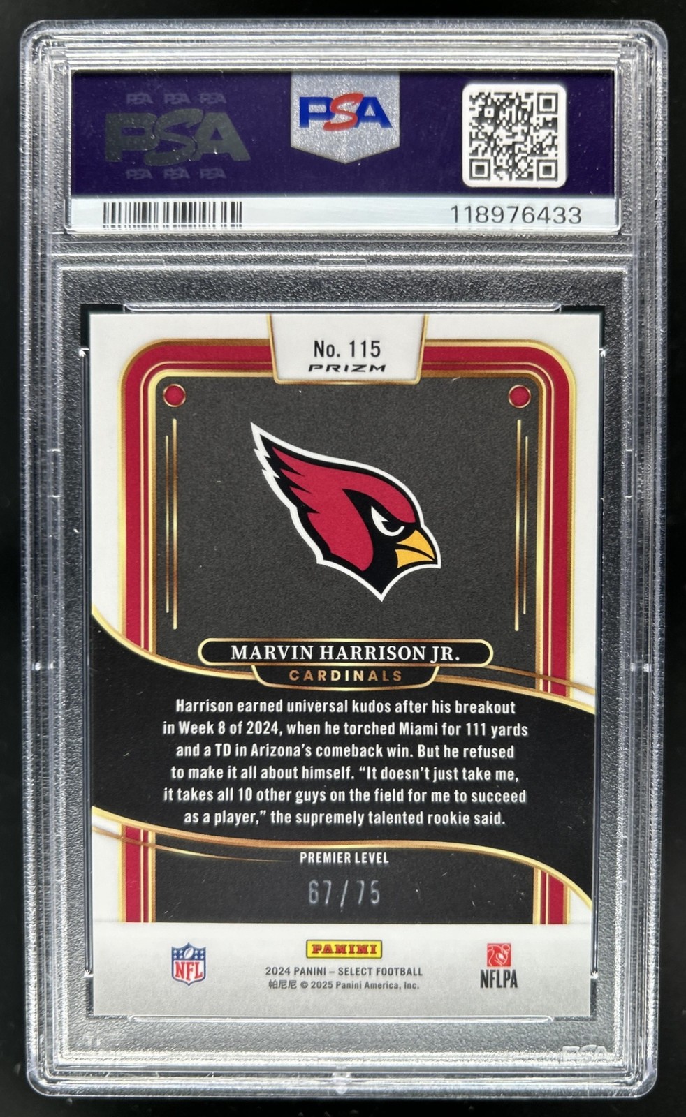 2024 Panini Select Marvin Harrison Jr. Premier Purple Prizm RC #/75 PSA 10 view 2