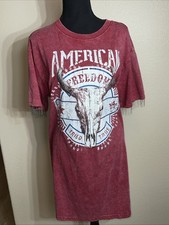 MIMI CHICA T-SHIRT DRESS WOMENS LARGE FRINGE COUNTRY CONCERT RED ACID WASH