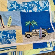 Seaside Patchwork Quilt Bedspread Beach Themed Coastal Embroidered Full Size