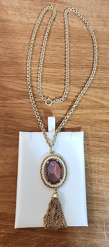 Vintage Avon Necklace Amethyst Glass & Faux Seed Pearl Tassel Pendant Gold Tone