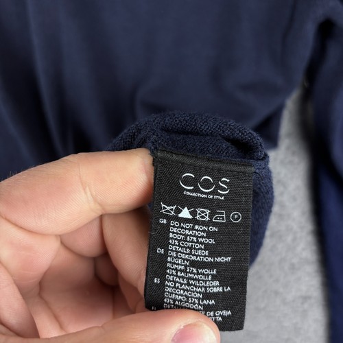 Cos Jumper Mens Small Blue Navy Wool Cotton Knit Suede Elbow Pads Pullover Crew - Picture 4 of 9