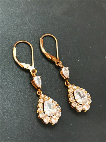 Estate 925 Marked Gold-washed Silver Clear Rhinestone Teardrop Dangle Earrings - Picture 7 of 10