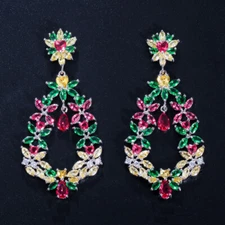 Silver Plated Cubic Zirconia Leaf Flower Dangle Drop Earrings Multicolor Fashion