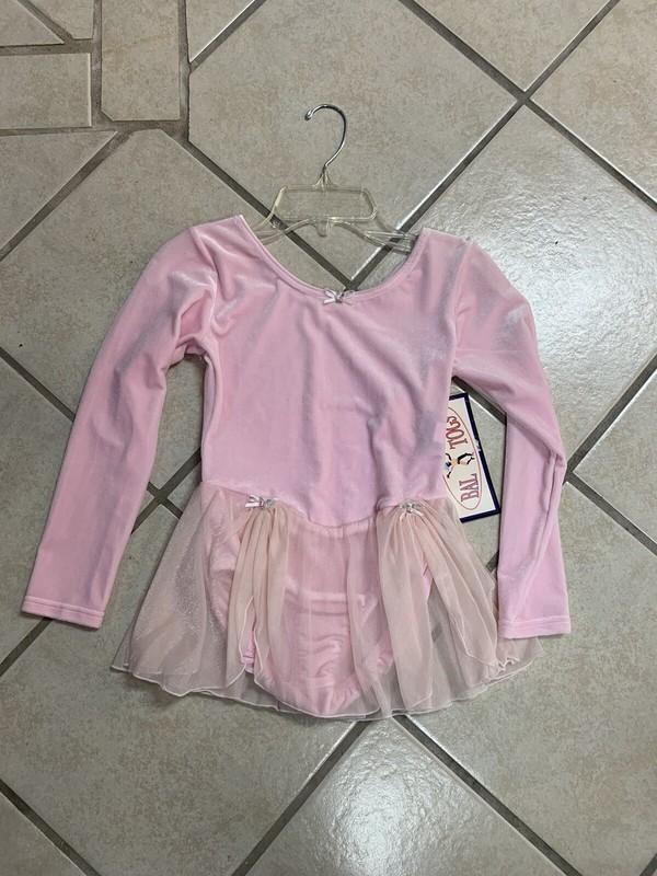 Kids 12/14 Pink Velvet Long Sleeve Dance Dress bodysuit Leotard  W/skirt NWT