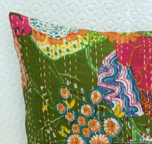 16'' INDIAN CUSHION COVER PILLOW CASE KANTHA WORK FLORAL ETHNIC THROW DECOR ART - Picture 13 of 38