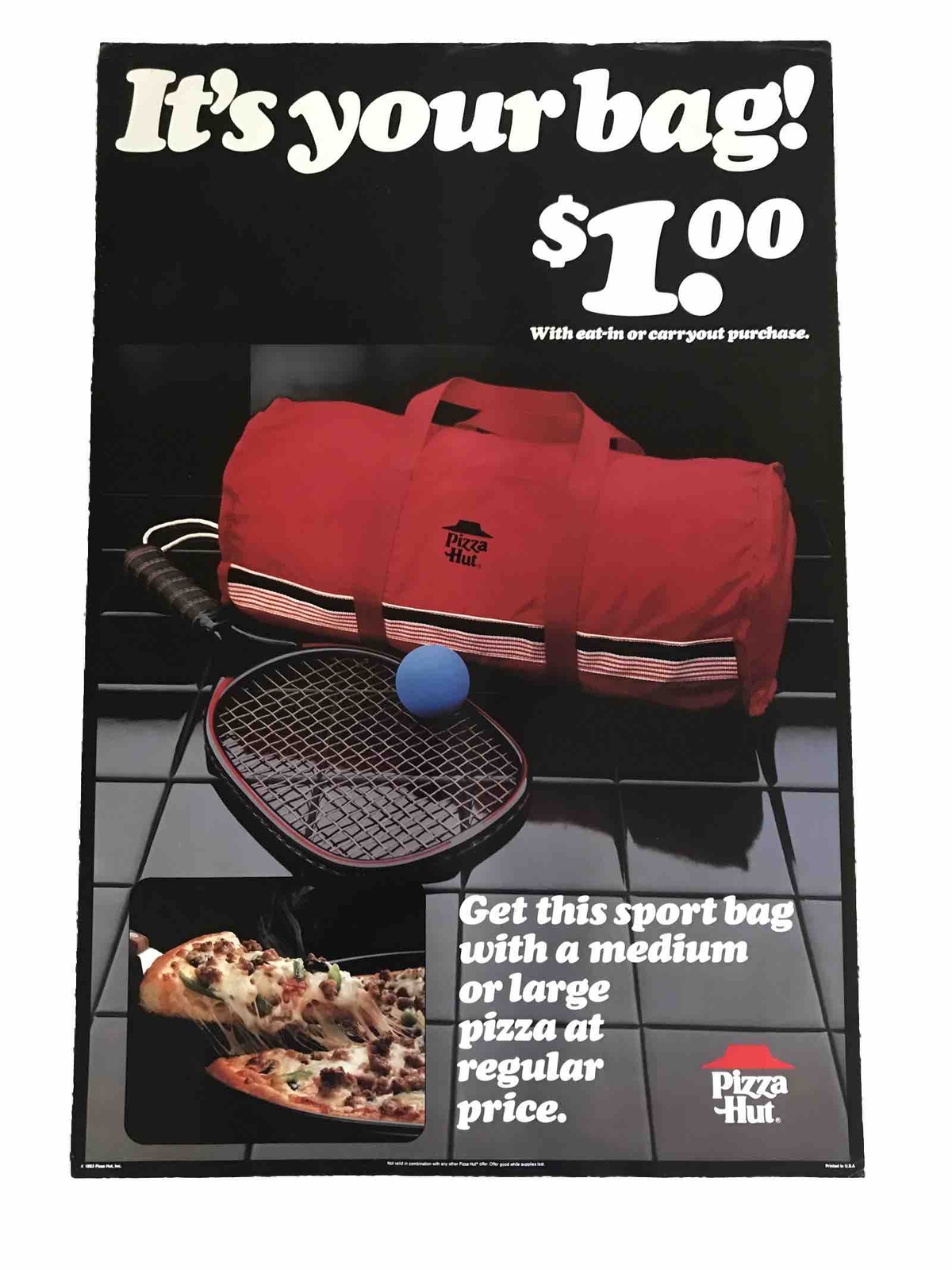 Vintage 1983 Pizza Hut Poster 30”x20” Pan Advertisement Duffel Bag Ad