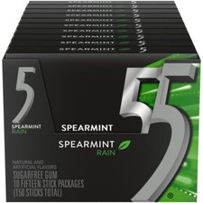 5 Gum Spearmint Rain Sugar Free Chewing Gum Bulk 15 Stick Box Pack of 10 