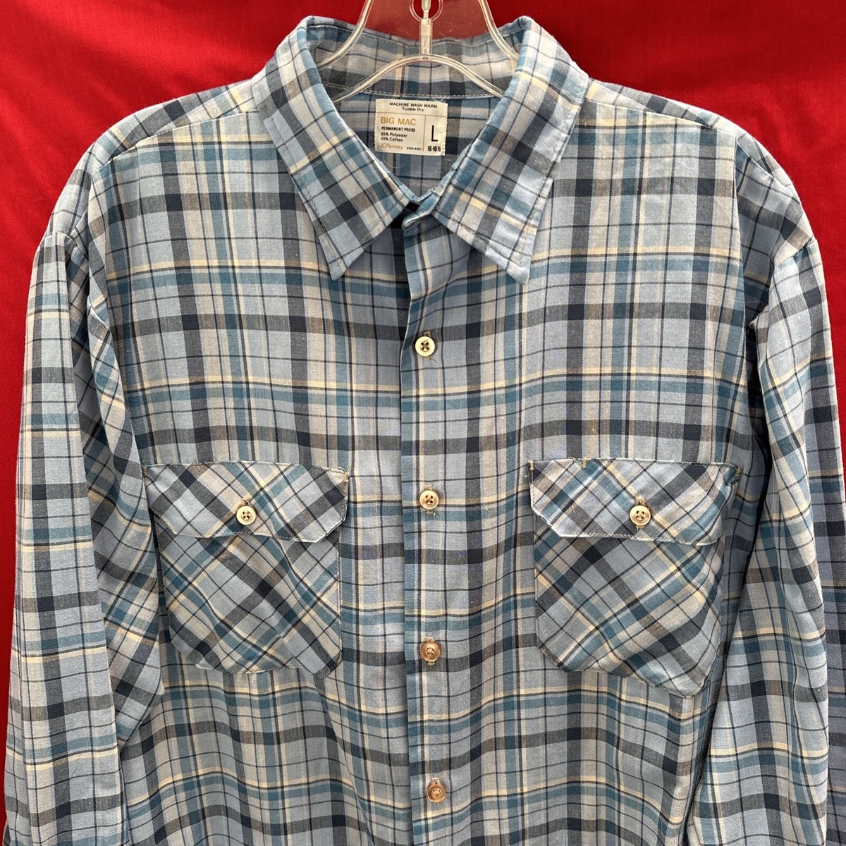 Vtg JCPenney Big Mac Blue Plaid Long Sleeve Pocket Flap Button Up Shirt Lrg EUC Vtg JCPenney Big Mac Blue Plaid Long Sleeve Pocket Flap Button Up Shirt Lrg EUC