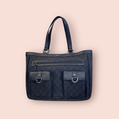 GUCCI Medium GG Logo Black Denim Luxury Designer Abbey Tote Shoulder Bag Purse