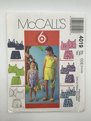 McCalls Sewing Pattern #4019 Sleeveless Top Skorts Shorts Girls Size 3-4-5-6 NEW