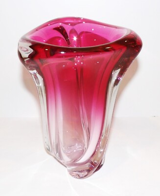 EXQUISITE VINTAGE VAL SAINT LAMBERT BELGIUM ART GLASS CRANBERRY/PINK 8'' VASE