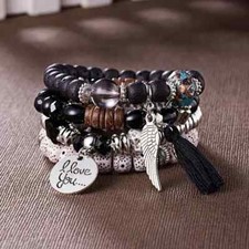 4 PC Handmade Bohemian Beaded Stackable Stretch Bracelet Set New Free Ship 8598