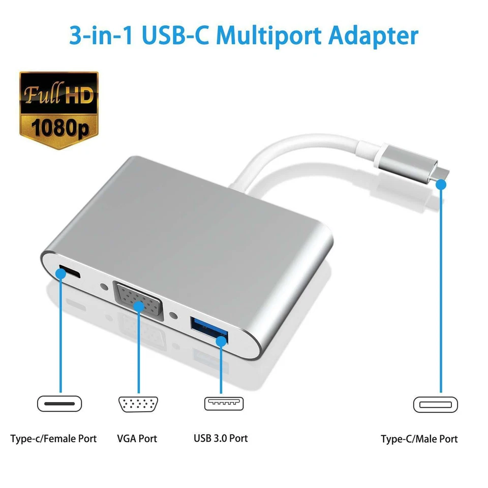 USB Type-C Thunderbolt3 to VGA USB3.0 Type-C PD Adapter Cable Fr Macbook Dell HP - Image 4 of 4