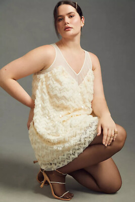 NWT Anthropologie 3X Textured Sequin Mini Dress Paillettes Cream New 230$ Plus