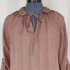Vintage First Glance Mauve Blouse with Tie Neck and Magenta Stripes Size Large