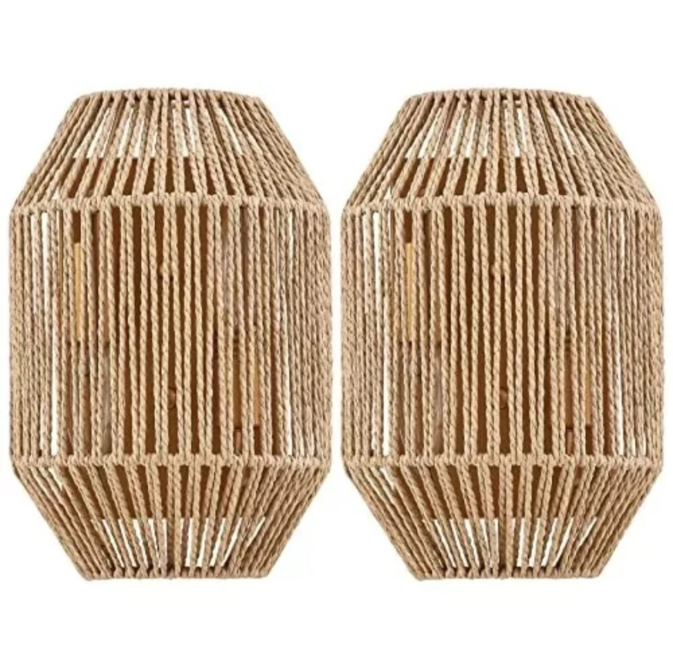 Juego de 2 apliques de pared de ratán natural, con alambre duro tejido boho de sombra de mimbre Foto 2 de 2