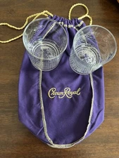 Crown Royal Whiskey (SET OF 2) Rocks Glasses w/ Logo Embossed in the Base w/bag