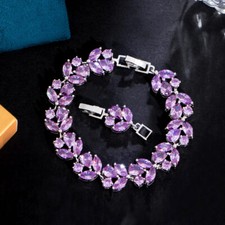 Beautiful Leaf Design Cubic Zirconia Silver Plated Tennis Bracelet Women Wedding