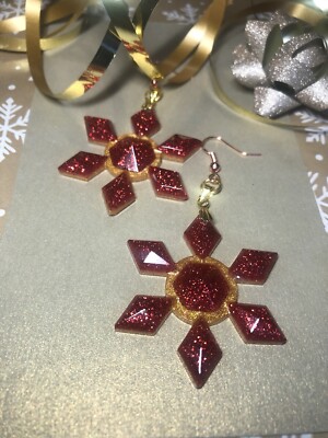Handgefertigte Ohrringe-Weihnachten-Schneeflocke-Gold-Rot-Glitzer-Party-Kostüm