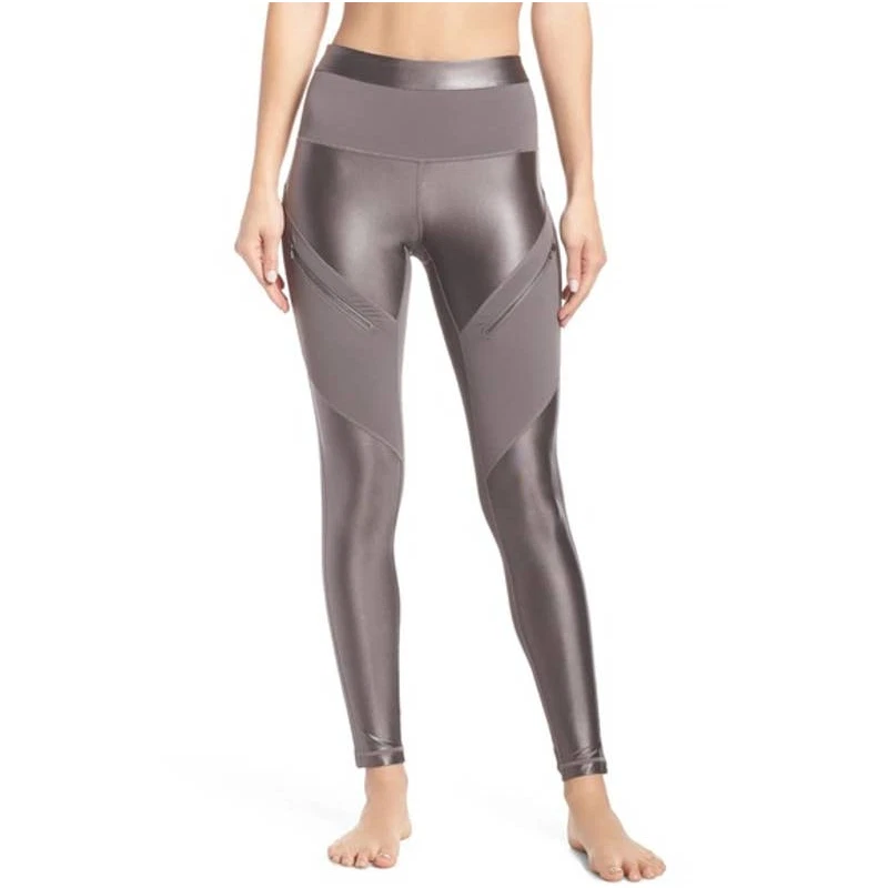 Nordstrom Zella Grey Kitten Zipper Pockets Shiny Moto Leggings High Rise  Small