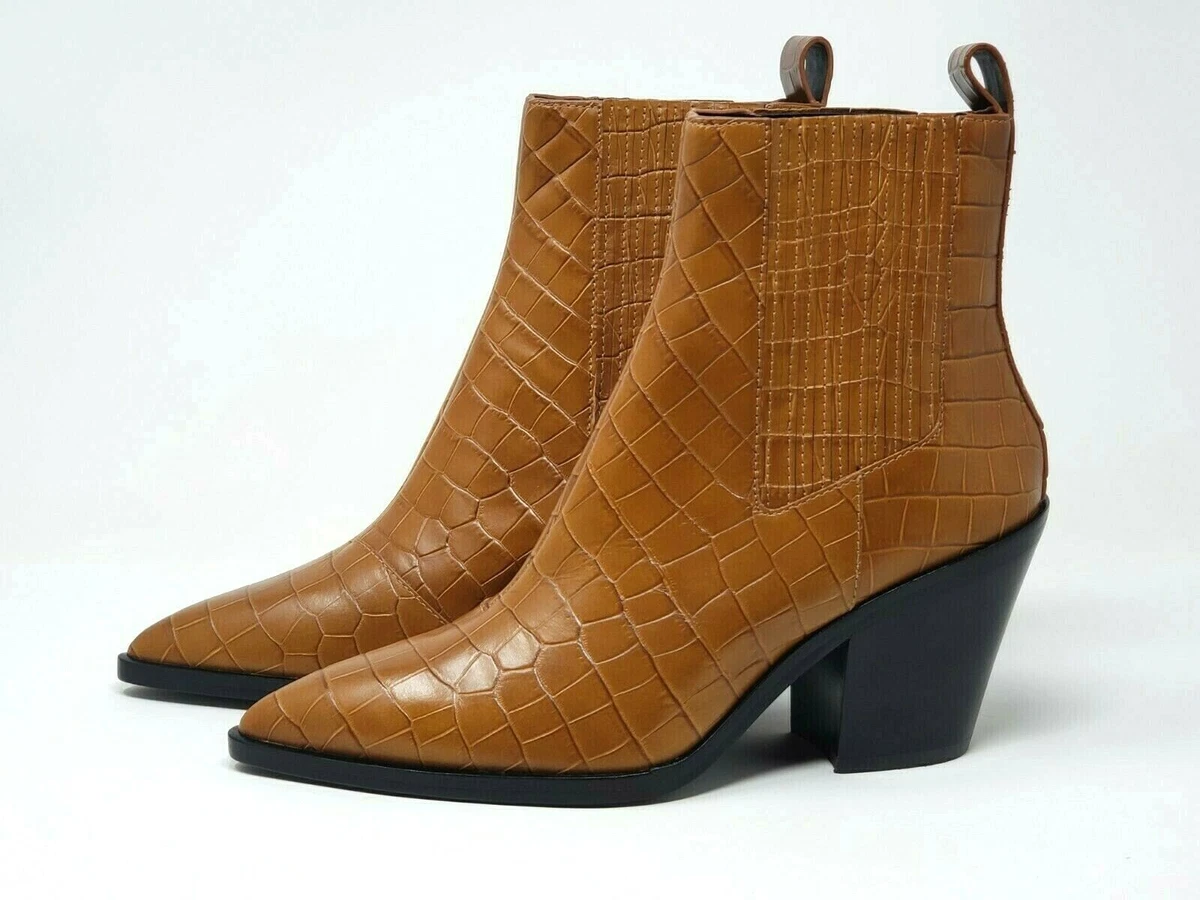 Alice Olivia Westra Crocodile Print Booties Western Ankle Boots Tan Brown 8.5