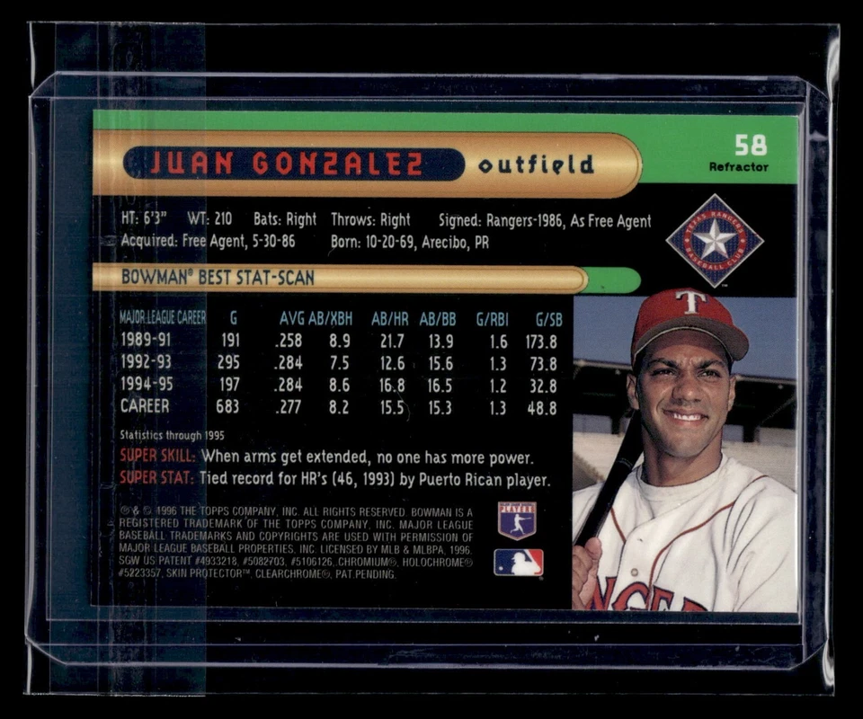1996 Bowman's Best Refractor #58 Juan Gonzalez Rangers - Image 2 of 2