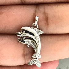 1.00 CT Round Cut Real Moissanite Double Dolphin Pendant 14K White Gold Plated
