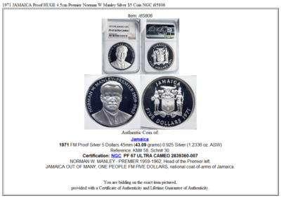 1971 JAMAICA Proof HUGE 4.5cm Premier Norman W Manley Silver $5