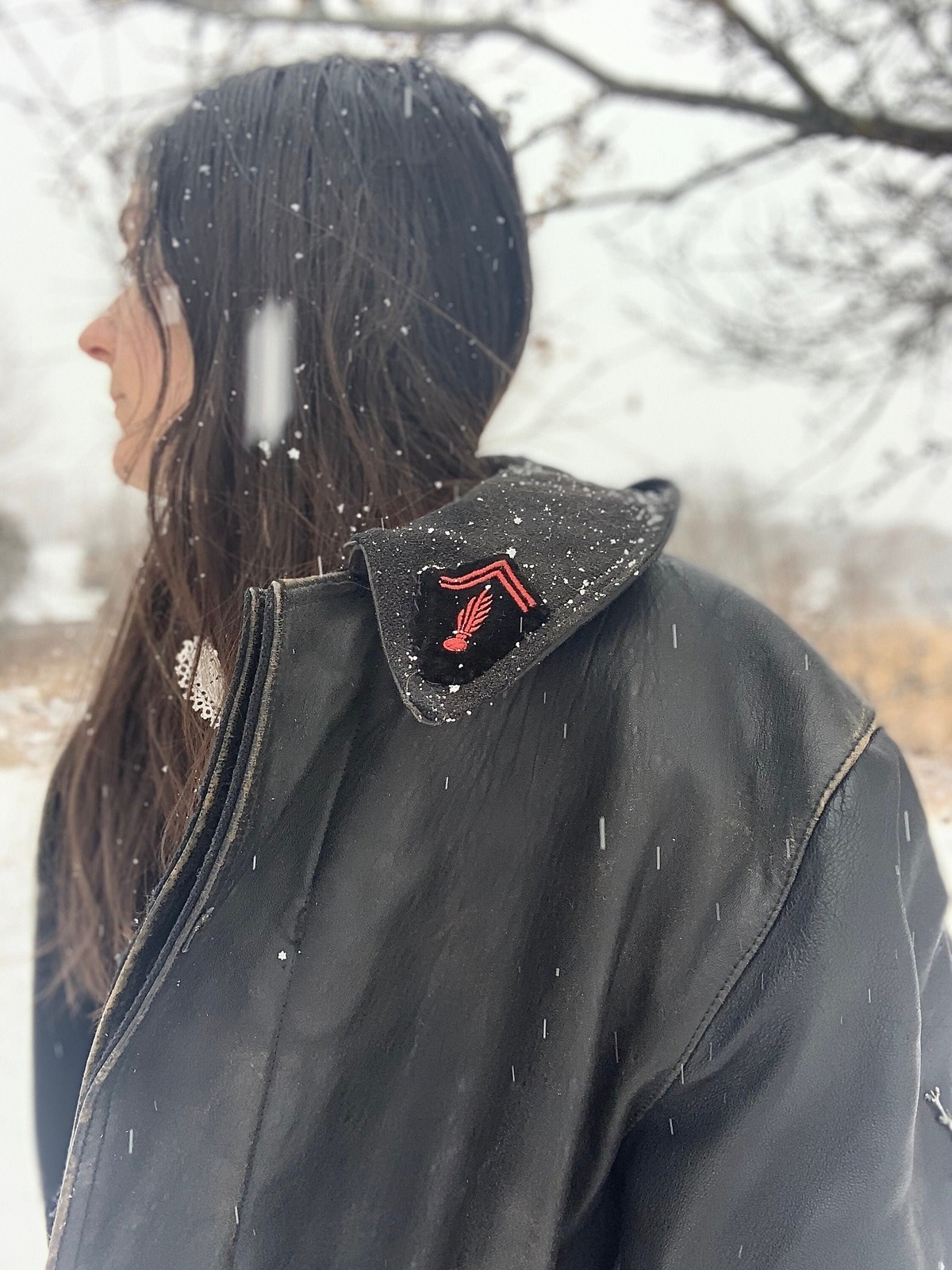 Vintage Leather Jacket with Military Collar Insignia Chevrons Uniform Coat