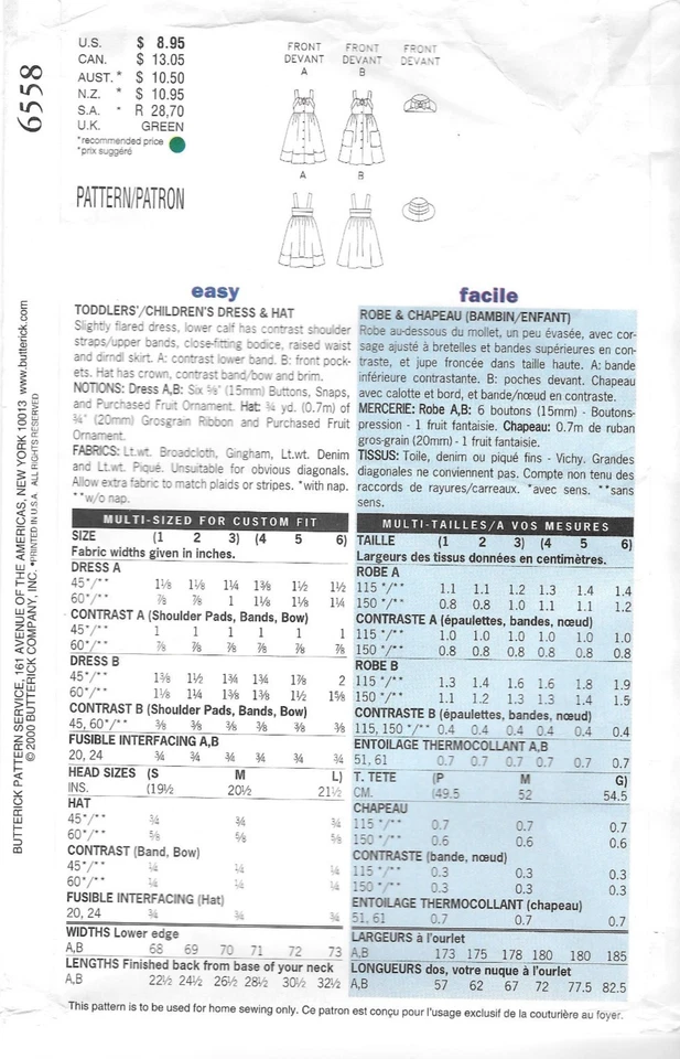 Uncut Butterick Sewing Pattern 6558 Toddlers Childrens Dress and Hat Size: 1-2-3 - Image 2 of 2