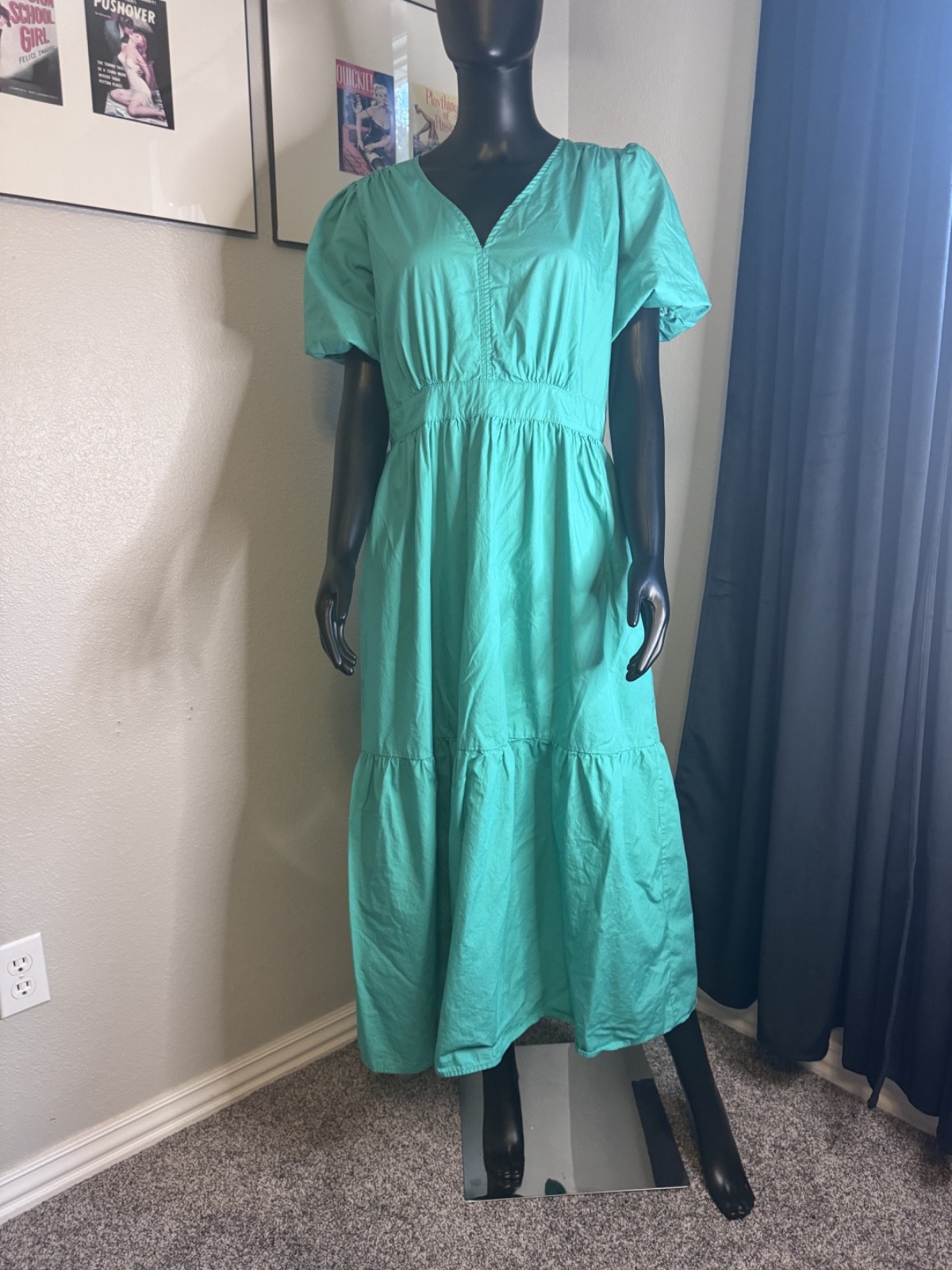 French Connection Women's Teal Maxi Dress Size L V-neck Bubble sleeve