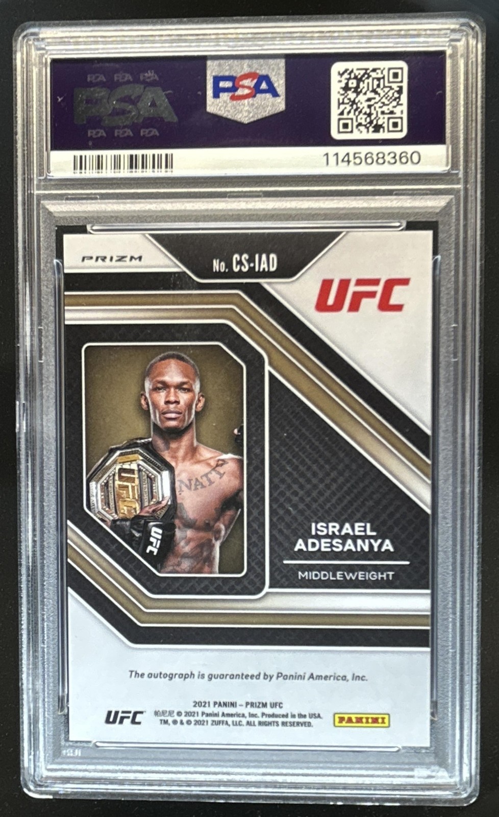 2021 Prizm UFC Israel Adesanya Champion Green Prizm Auto #CS-IAD PSA 10 view 2