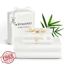 KRIMANO King Bamboo Sheet Set 4pc White Silky Cooling Deep Pocket