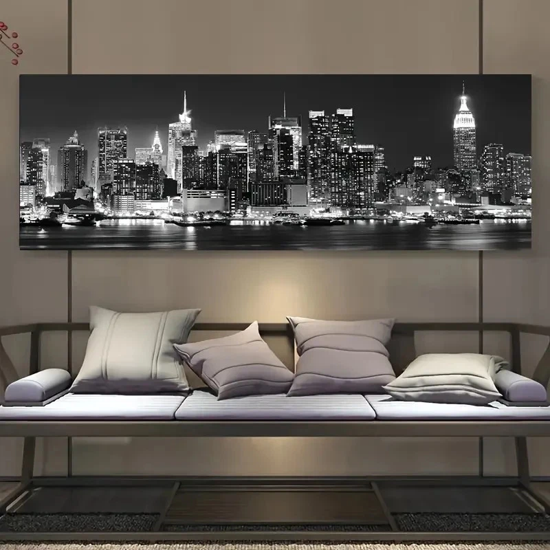 Panoramic Black White American Cityscape Canvas Wall Art Home Decor