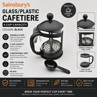 Sainsbury's Glass/Plastic Cafetiere 4 Cup Capacity, Colour: Black, 600ml, NO BOX