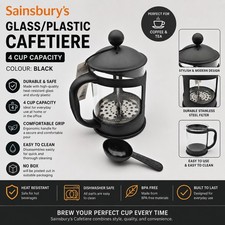 Sainsbury's Glass/Plastic Cafetiere 4 Cup Capacity, Colour: Black, 600ml, NO BOX