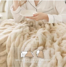 Throw Blanket for Couch, Fluffy w Stretch Ruched Design, Ultra Soft, Faux Fur