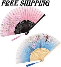 2 Pack Patterned Silk Folding Fans, Handheld Bamboo Fans with Floral Design, Fol