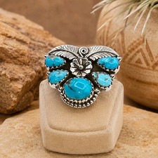 Kingman Turquoise Southwestern Navajo Style Cluster Ring 925 Sterling Sz10