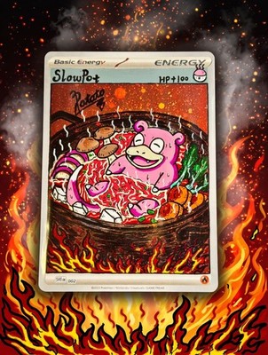 Hand Painted Slowpoke In HotPot On Holo Energy Pokemon Card By: Potato   