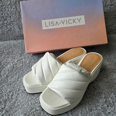 NEW Lisa Vicky White Sheep Nappa Leather Platform Wedge Slide Sandals Sz 7 M