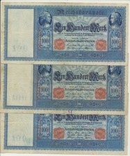 Germany: 1908, 1909, 1910 Wilhelm II 100 Mark Red Seal 3 Note Set P-35, 38, 42