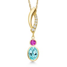 14K Yellow Gold Blue Apatite and Pink Sapphire and Lab Grown Diamond Pendant