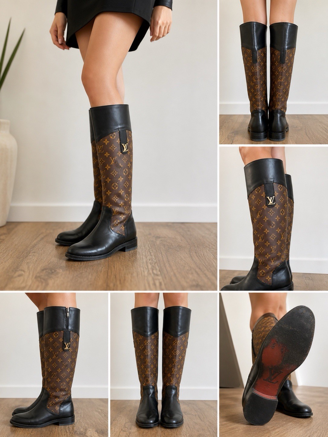 Louis Vuitton Knee High Riding Boots Black Brown Logo Print Leather Zip 39