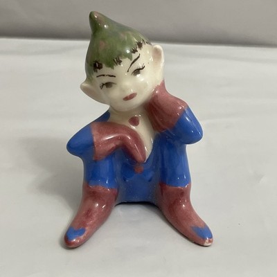 Vintage Ceramic Pixie Elf Christmas Figurine 1950s Mid-Century Blue &  Purple